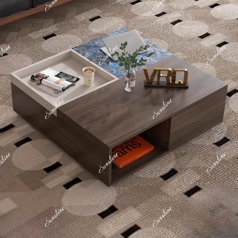 

Italian minimalist square rock slab tea table, living room household small apartment storage tea table