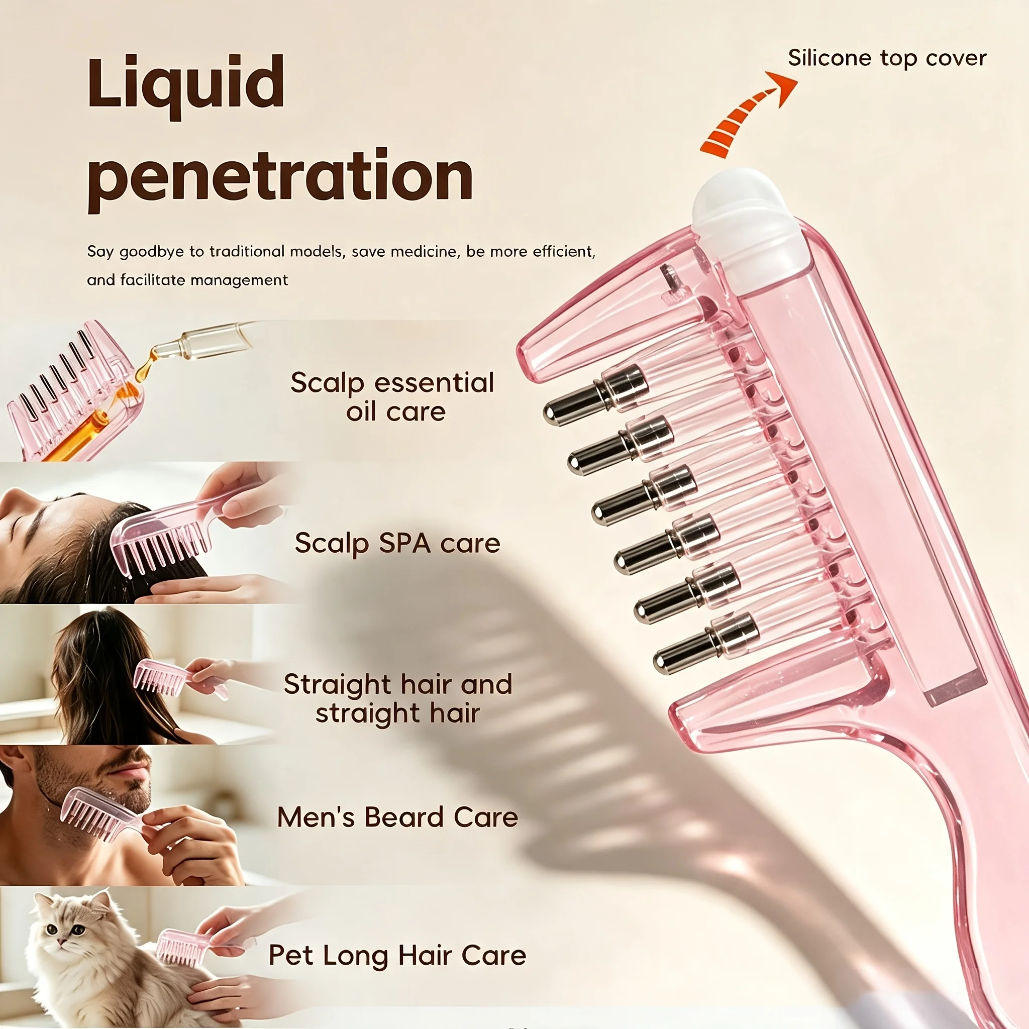 Tragbarer Transparenter Haarwurzelkamm mit Flüssigkeitsführung, Kopfhaut-Massagekamm, Haaröl-Serum-Bürste, Anti-Leck-Haarpflege-Werkzeug – Detail 3