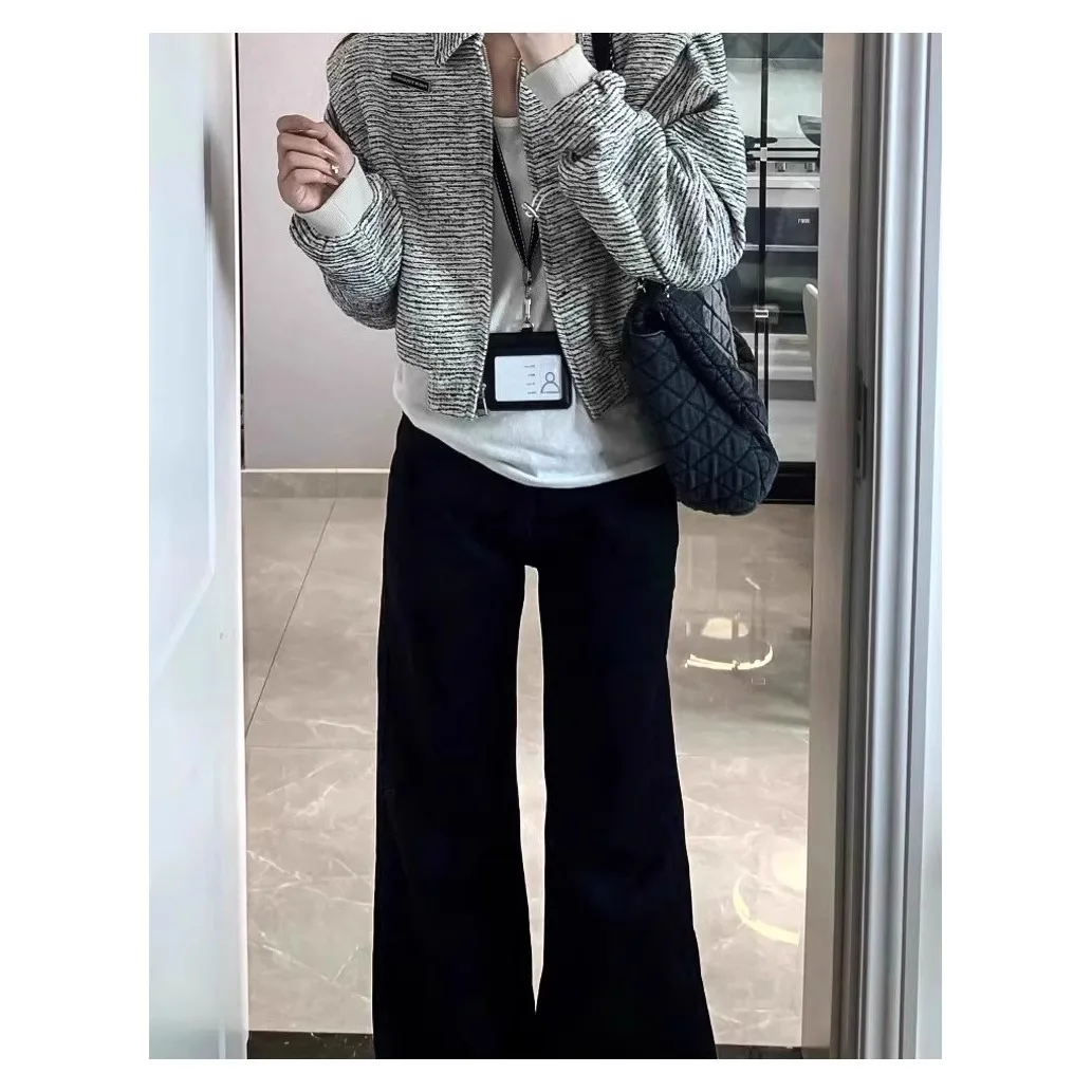 ربيع جديد Bla ارتفاع الخصر واسعة الساق الجينز المرأة التخسيس فضفاضة تناسب Bootcut الكاحل طول السراويل القطن تمتد الدنيم