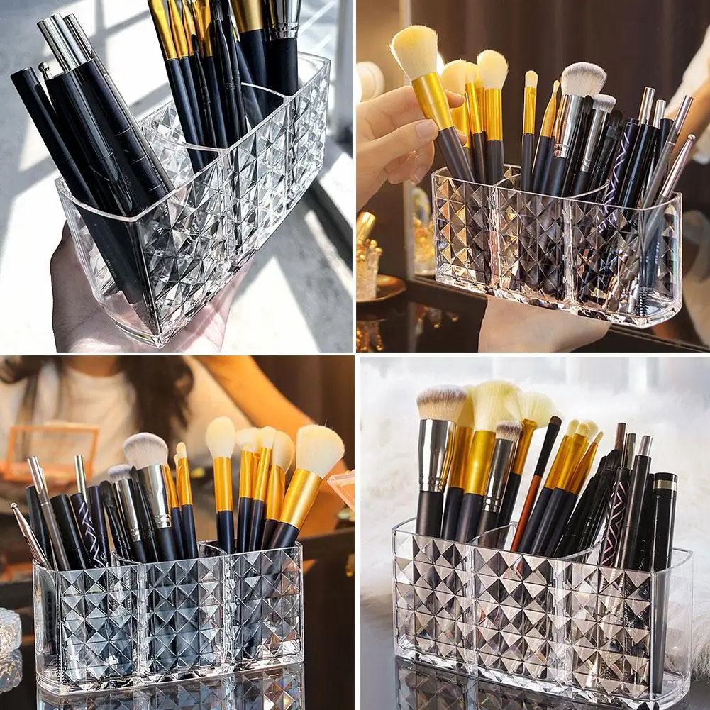 Diamond Pattern Three Compartment Cabinet Organiser Bucket Skincare Organiser Makeup Brush Pencil Beauty Storager Transpare N4P0