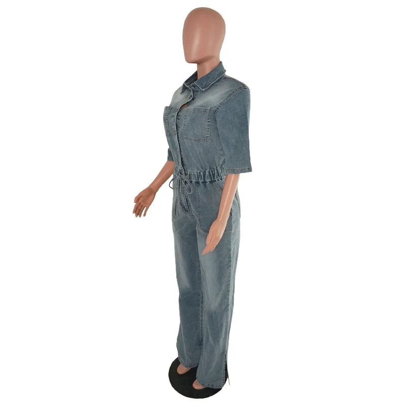 Slergiri Vintage Elastic Waist Washed Denim Jumpsuit Women Fashion New 2026 Summer Half Button Half Sleeve Loose Flare Pants view 4