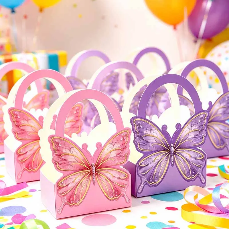 Lot de 10/20 boîtes cadeaux papillon avec poignée pour bonbons, biscuits, idéal pour fêtes d'anniversaire, sacs d'emballage pour enfants, fournitures de baby shower