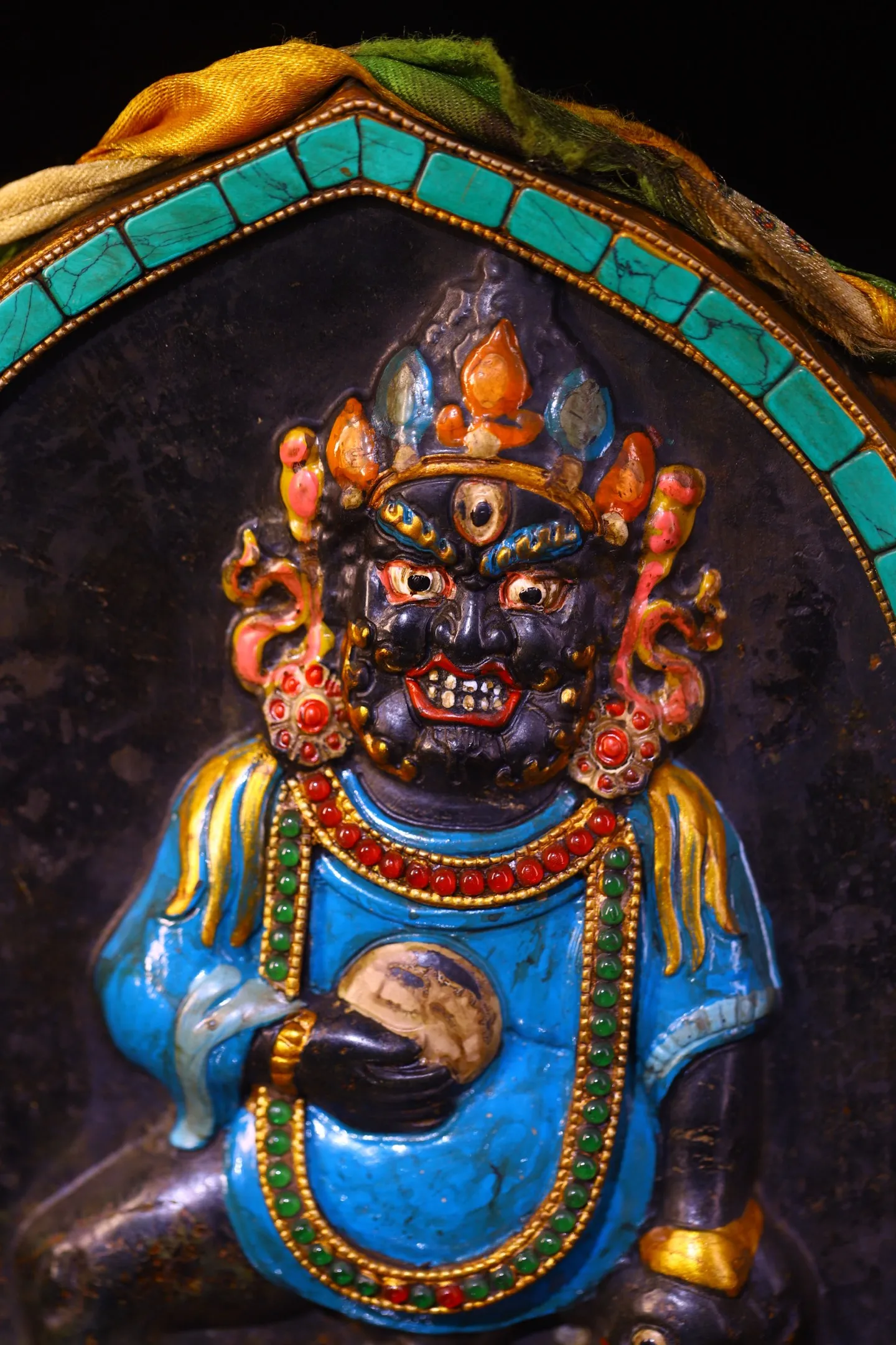 Old Folk Meteorite Painted Mosaic Gem gZi Beads Shell Turquoise Black Jambhala Buddha Plaque Buddhist Niche Base