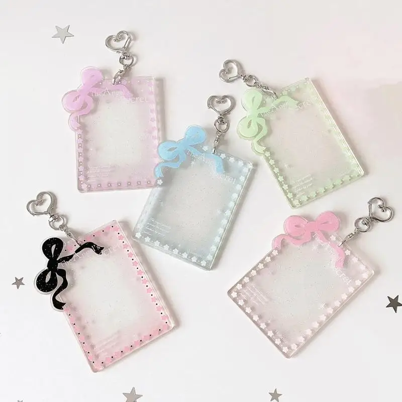 Cute Bow Heart Glitter Photocard Holder Clear Acrylic Keychain 1Pcs Waterproof for Kpop Fans Daily Commute Use view 2