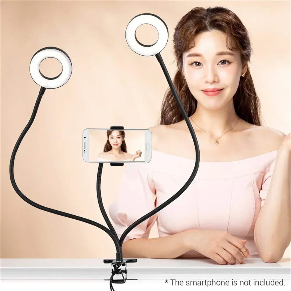 LED Clip On Fill Light, Dual Ring Light with Phone Holder, USB Powered 3 Modes Dimmable Flexible Arm Lamp for Makeup and Video