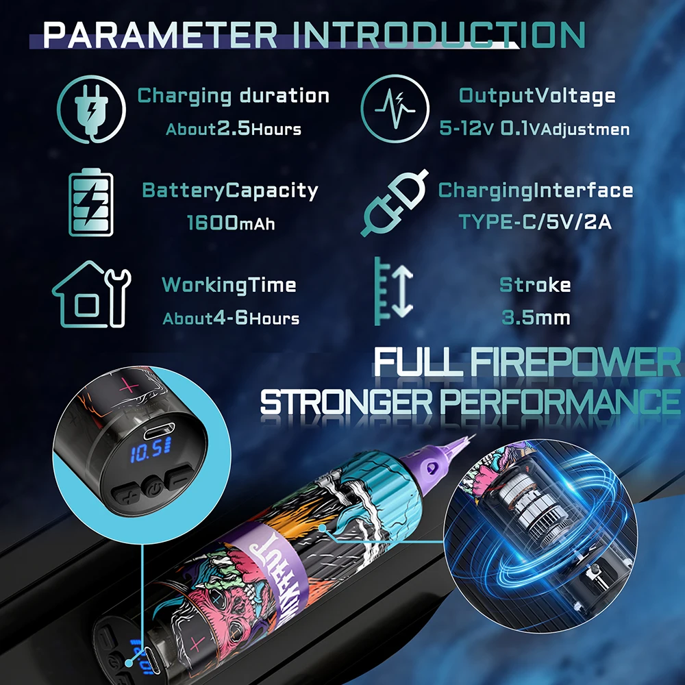 Wireless Tattoo Pen Machine Kit 1600mAh RCA Tattoo Gun LED Display Adjustable Voltage Rotary Tattoo Machine