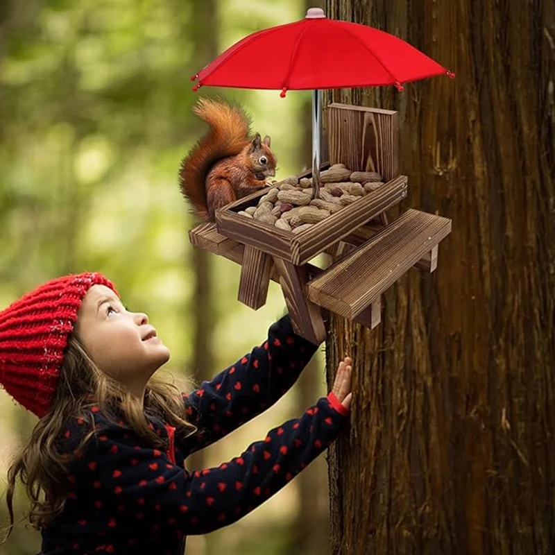 Squirrel Feeder Picnic Table With Umbrella,Wooden Squirrel Feeders For Outside,Cute Chipmunk Feeder+Solid Structure Durable