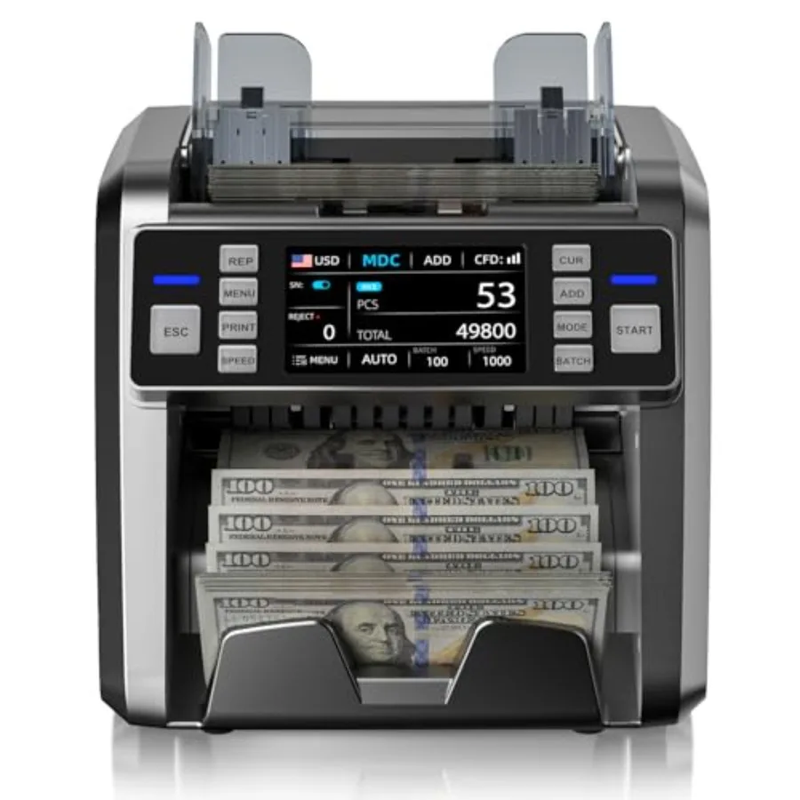

Mixed Denomination Money Counter with Counterfeit Detection Touch Screen and 2CIS/UV/MG/IR/DD/DBL/HLF/CHN Value and Mixed Count
