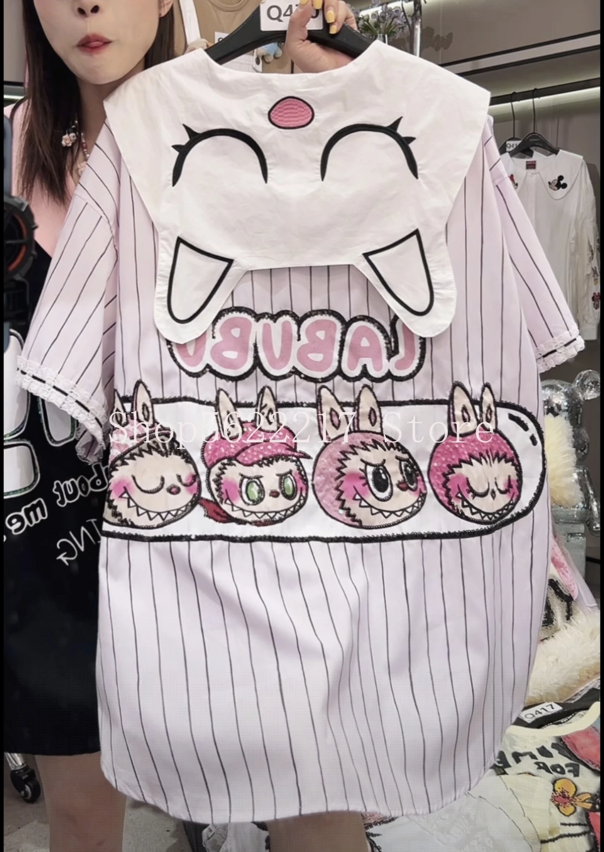 

Autumn Sweet Peter Pan Collar Short Sleeve Blouses Mid-long Loose Stripes Cardigans Top Embroidery Sequins Cartoon Women Shirts