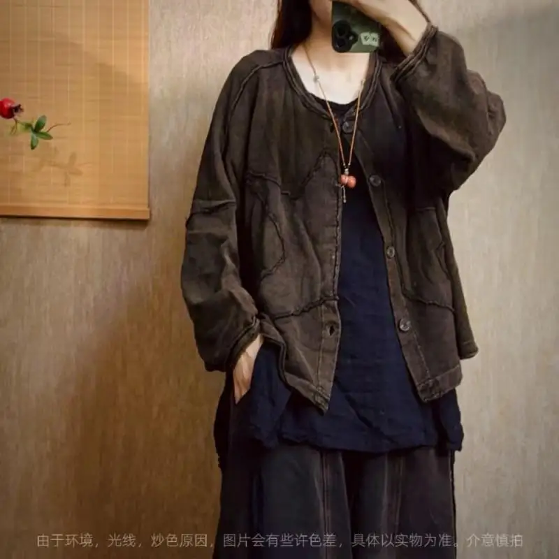 2026 Spring Autumn Arts Style Women Long Sleeve Loose Short Coats All-matched Casual Single Breasted Cotton Vintage Jackets 2802