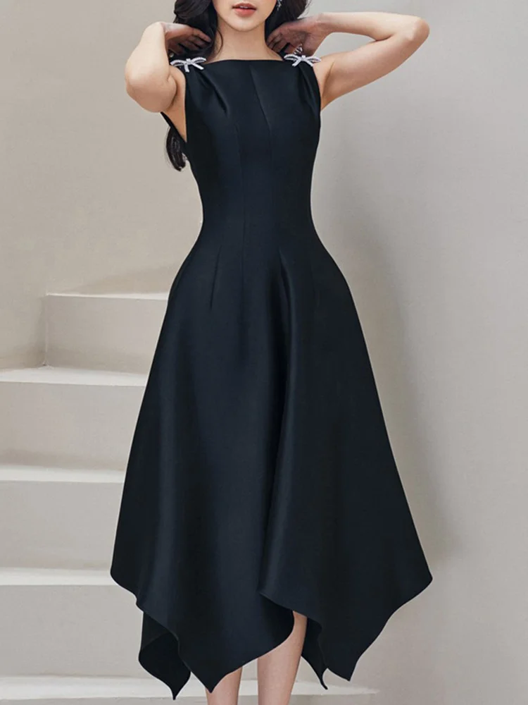 

2023 Summer Square Collar Sleeveless High Waist Solid Patchwork Bowknot Midi Elegant Black Dresses For Women