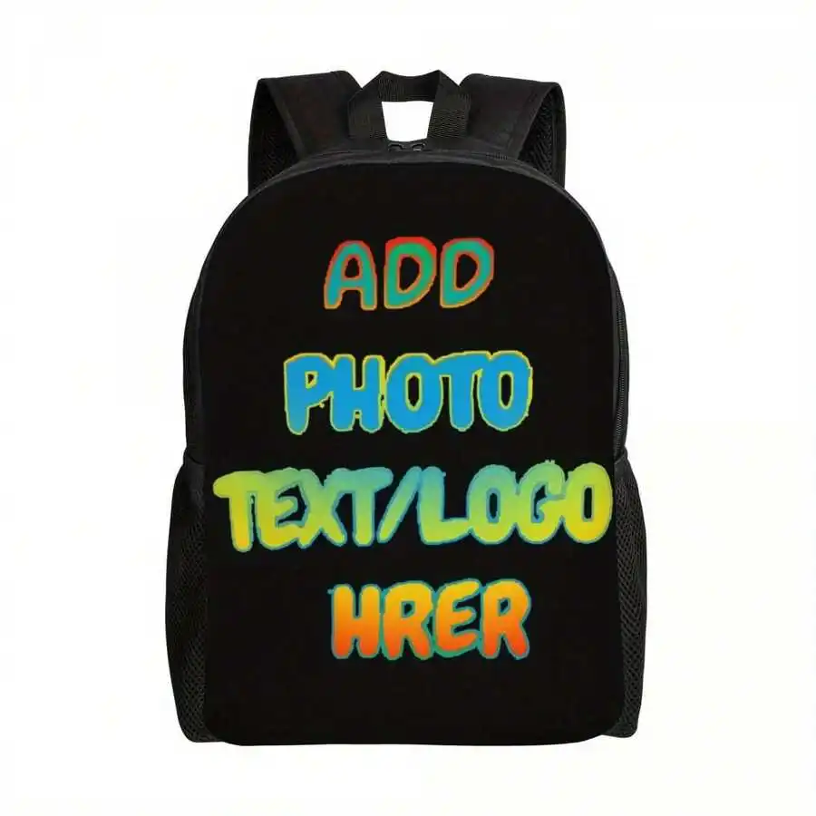 

Custom Printed Black Backpack With Zipper Closure Adjustable Straps Large Capacity For Travel School