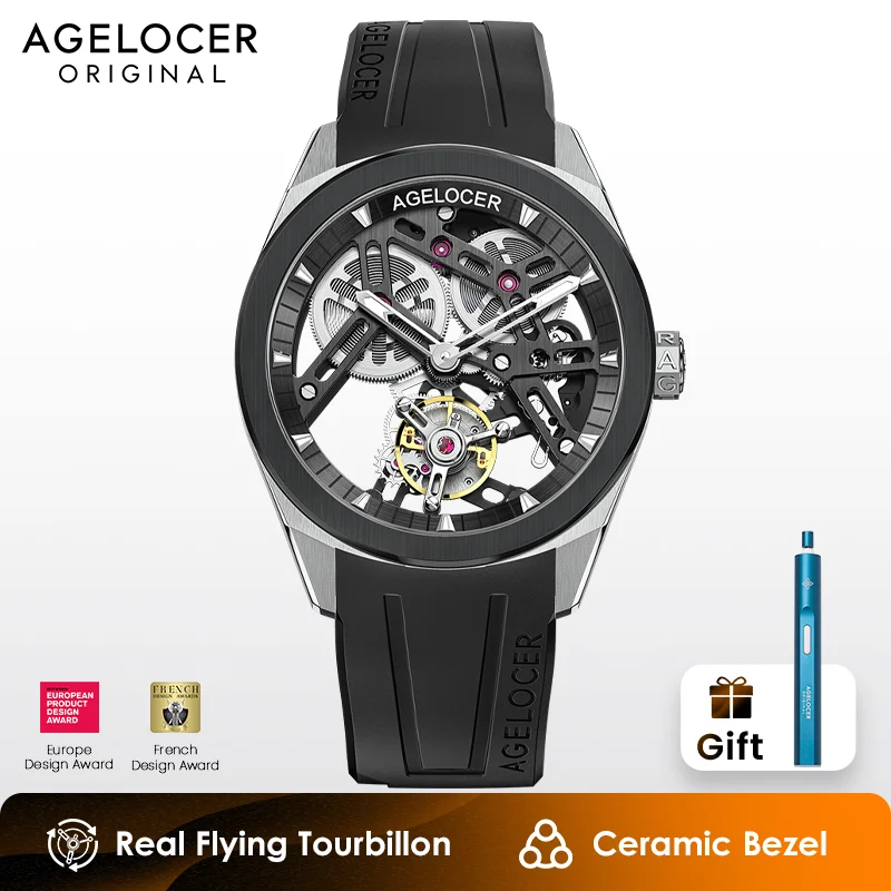 AGELOCER Original Tourbillon Watch Ceramic Bezel Men\'s Sports Luxury Skeleton Manual Mechanical Watch Birthday Gift for Men