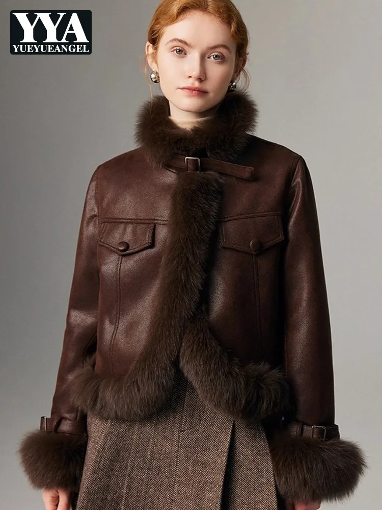 موضة تقسم الثعلب الفراء طوق أسفل معاطف سيدة سترة قصيرة دراجة نارية نمط أوزة سترات منتفخة معطف الشتاء ملابس خارجية رائجة البيع