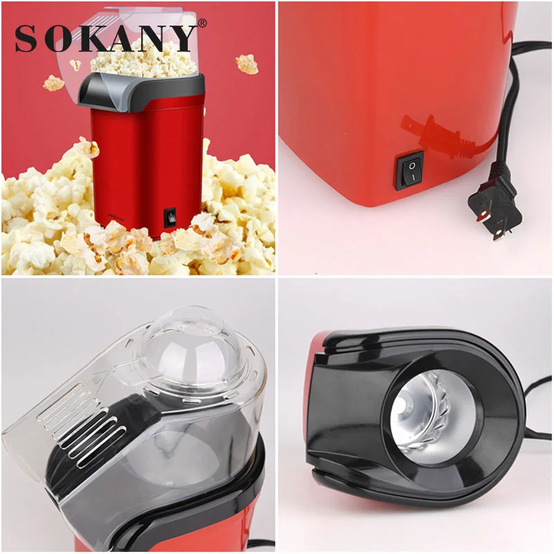 1 Sokany Plug 1200 W Domowa maszyna do popcornu z prostą obsługą, przełącznikiem przyciskowym, przezroczysta osłona, pusta konstrukcja