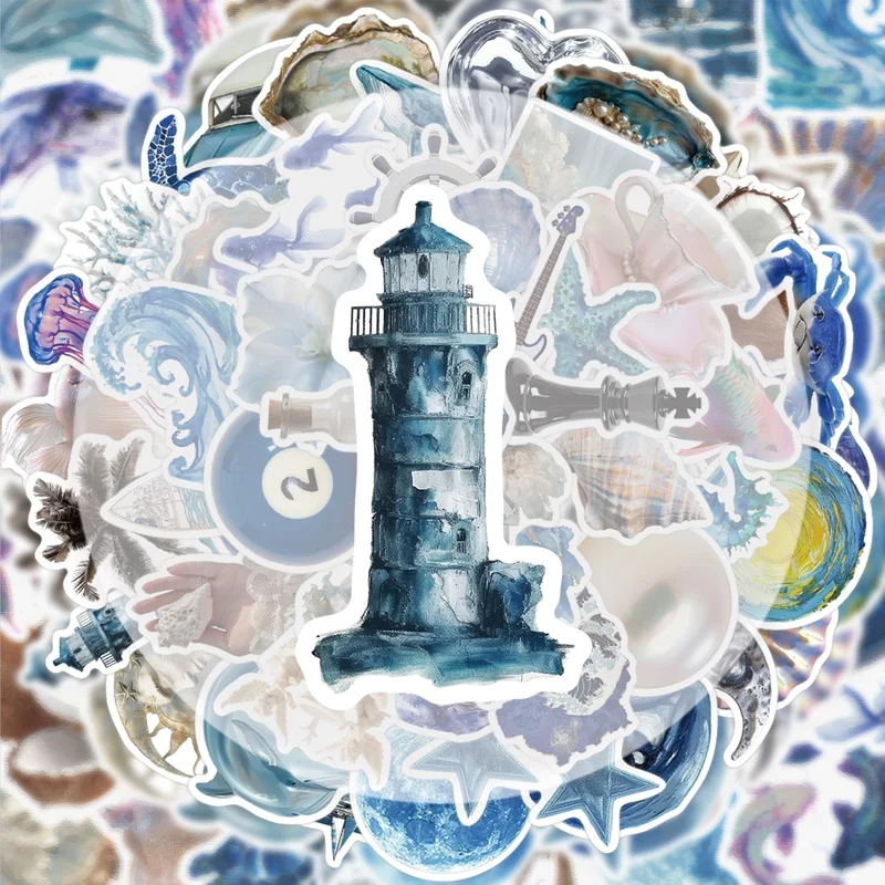 50 Pieces of Blue Ocean Graffiti Decorative Stickers, Vibrant Stickers and Decals, Multiple Styles Without Duplication, Suitable for Water Bottles, Laptops, Suitcases, Skateboards, Guitars, Party Decorations