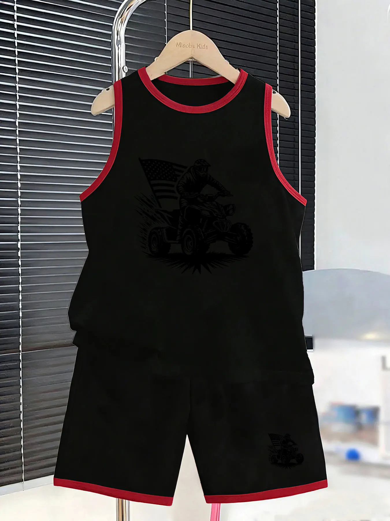 Boys' Off-Road Motorcycle-Themed Tank Top and Shorts Set, Creating a Cool and Stylish Summer Look. Selected skin-friendly and br