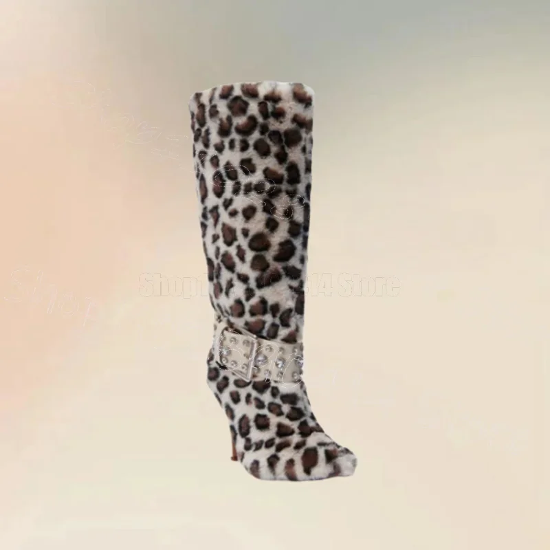 

Leopard Fur Print Crystal Buckle Pointed Toe Boots Slip On Women Shoes Thin High Heels Party Banquet 2025 Zapatos Para Mujere