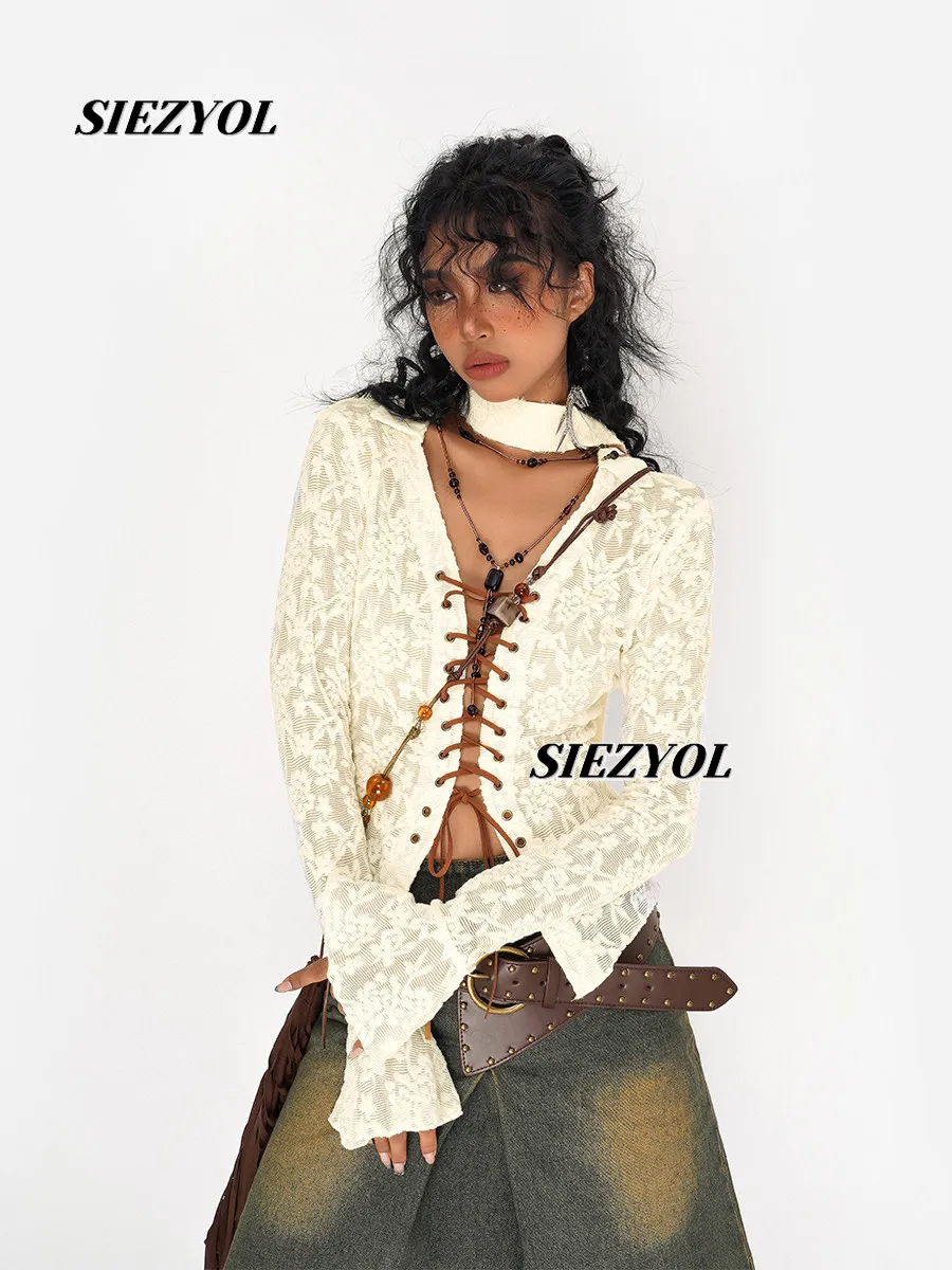 Vintage Lace Horn Long Sleeve Shirt Women's Spring and Autumn Sweet Drawstring Lace-Up Design Spice Girl Inner Bottom Top