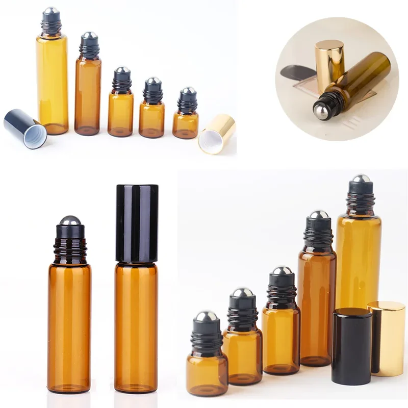 

30pcs 1/2/3/5/10ml Amber Glass Steel Roller Balls Bottles Mini Roll On Essential Oil Refillable Containers Empty Parfum Bottles