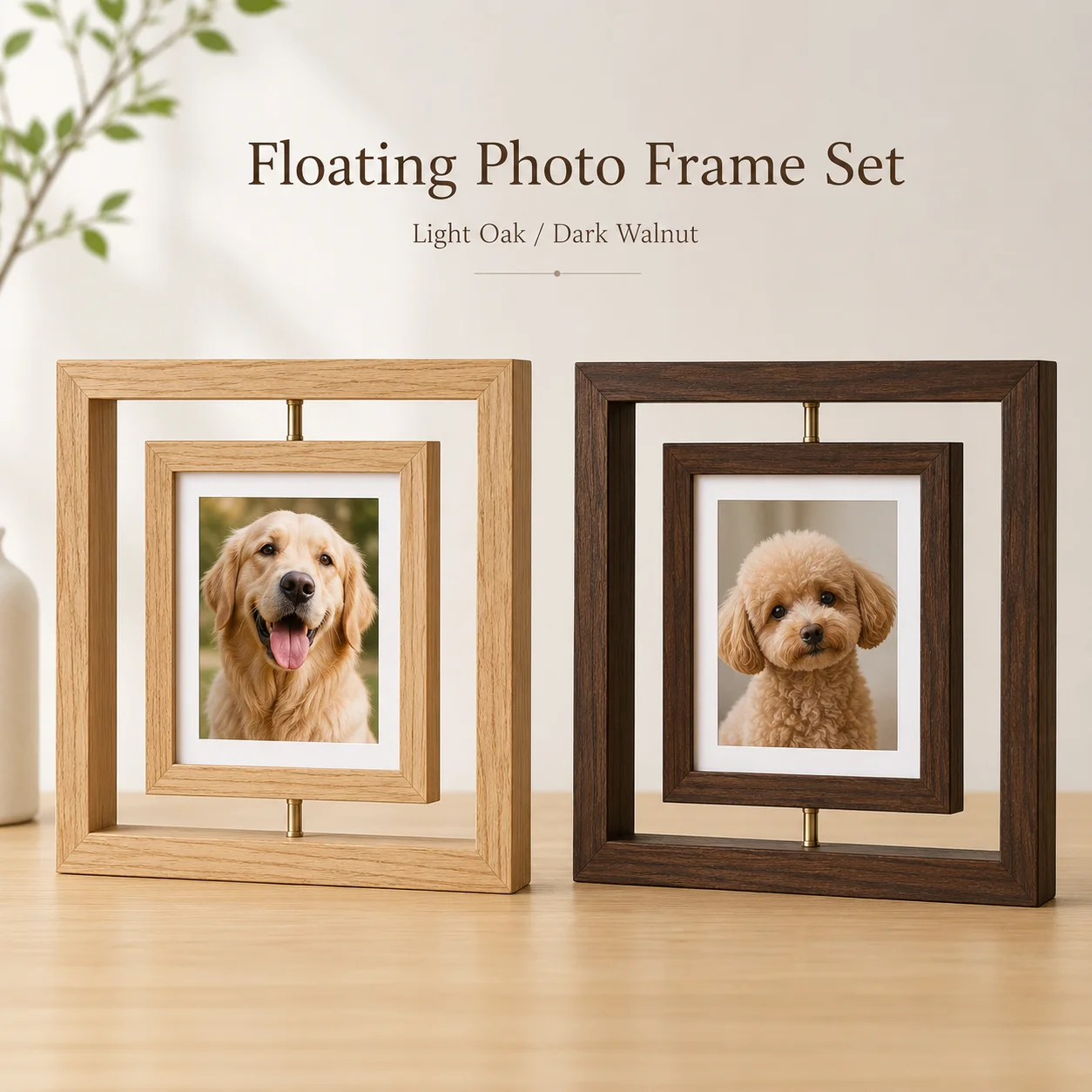 Creative Double-Sided Rotating 7-Inch Wooden Photo Frame Stand, Pet Cat Dog Hand and Foot Print Gift Commemorative Frame