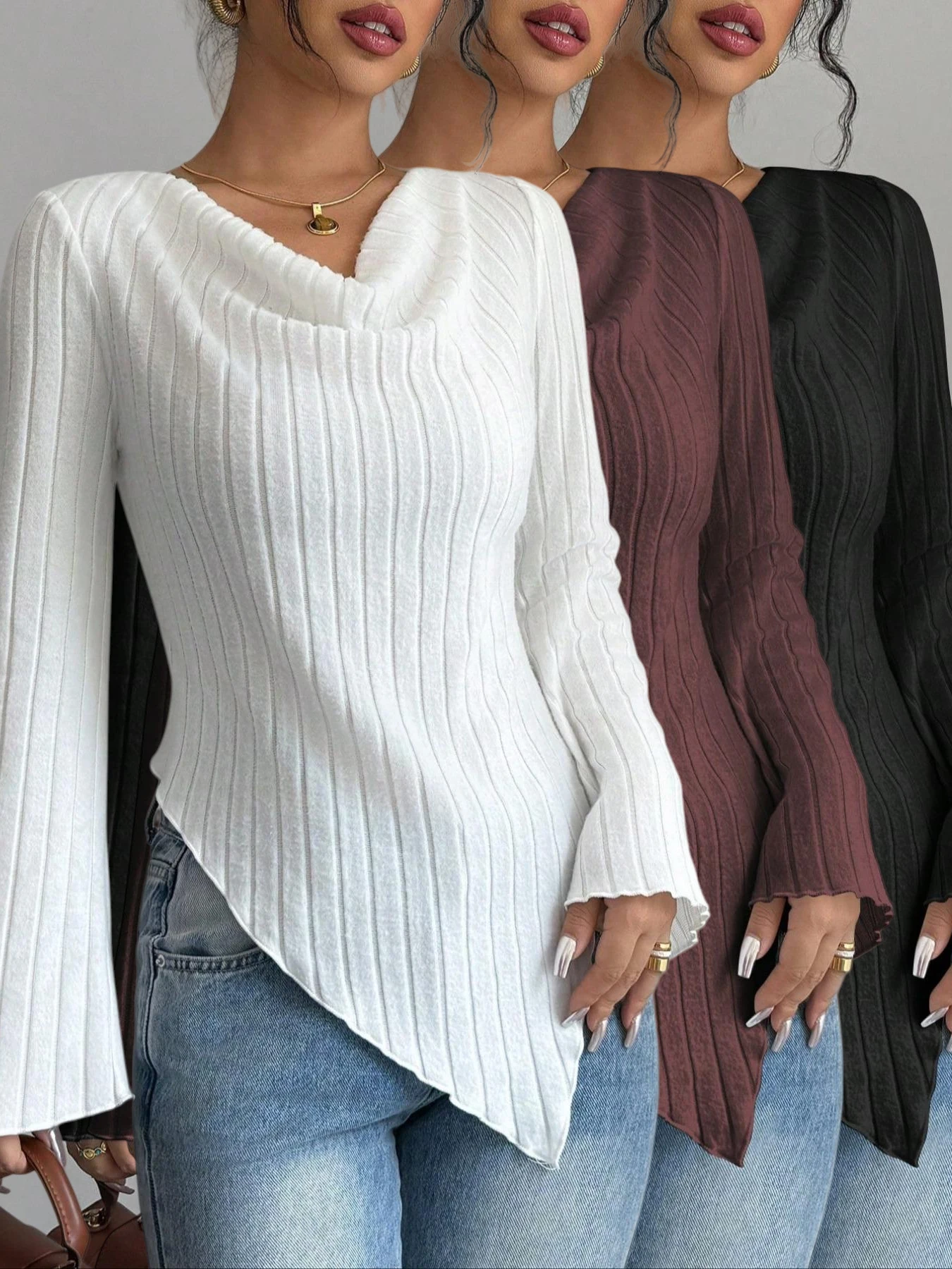 3 Pack Women Cowl Neck Ribbed Knit Long Sleeve Top Flare Sleeve Asymmetric Hem Slim Fit Y2K Casual Sexy Basic Fitted Tee