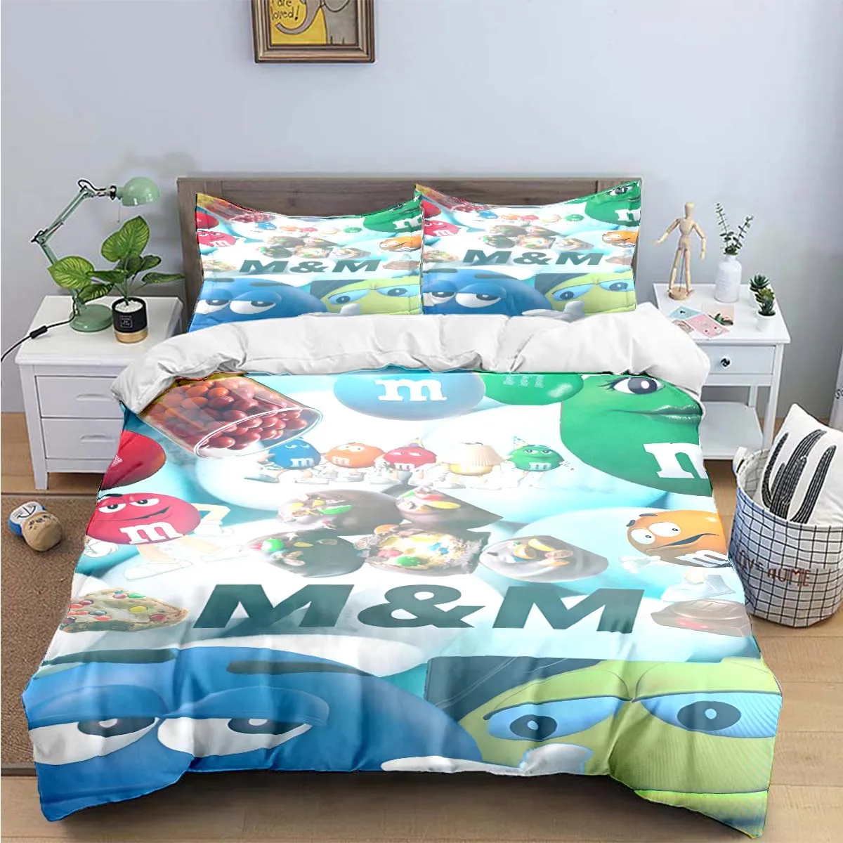 Hot Fashion M&M Chocolate Logo Print Bedding Sets Exquisite Bed Supplies Set Duvet Cover Bed Comforter Set Bedding Set Kids Gift