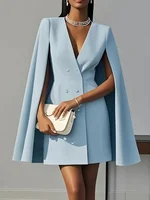 Women Fashion Commuter Solid Blazers Dress Office Double Breasted Waist Party Dress Elegant V-neck Shawl Cape Sleeve Midi Dress - Image 5
