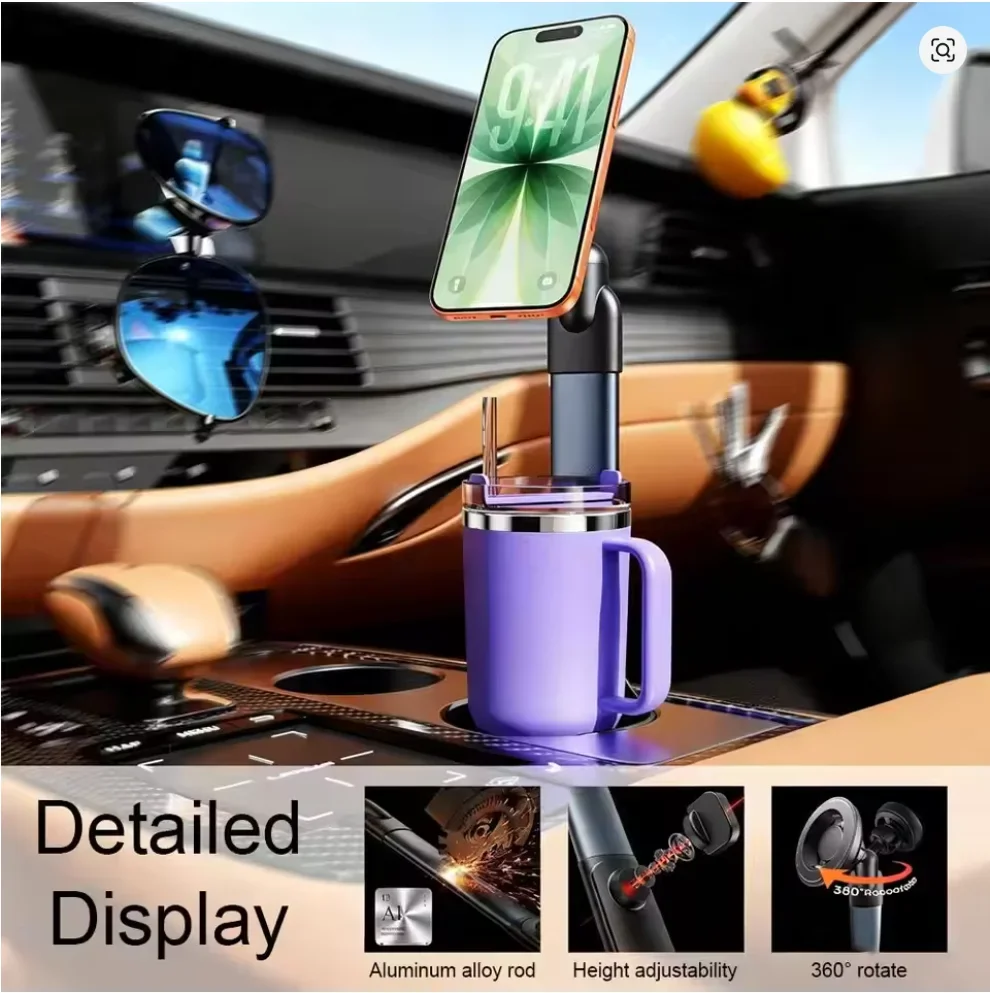 Height-Adjustable 2-In-1 Super Practical Car Cup Mount Extra-Strong Magnetic 360° Rotation Car Phone Mount For IOS Android Phone