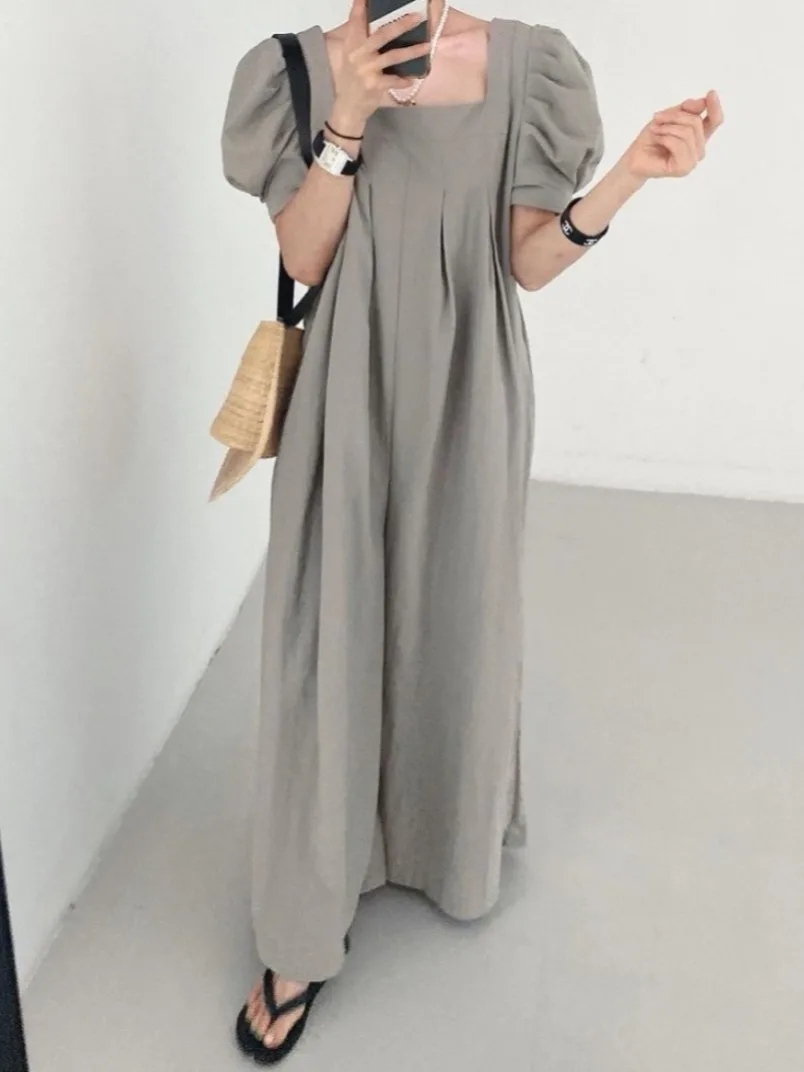 Chic été doux col carré plissé bulle Sve ample coupe droite Onesie pantalons longs femmes Faion Design