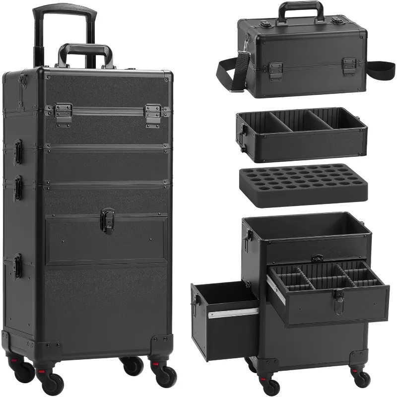 Rolling Makeup Case with Drawer, Makeup Train Case, 4 in 1Cosmetology Case on Wheels,  Large Makeup Case Organizers,