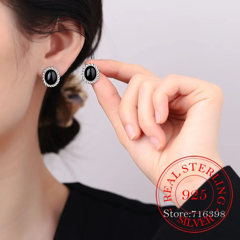 925 Sterling Silver Threaded Natural Black Onyx Stud Earrings for Women Girls Piercing Jewelry Women's Party Wedding Pendiente