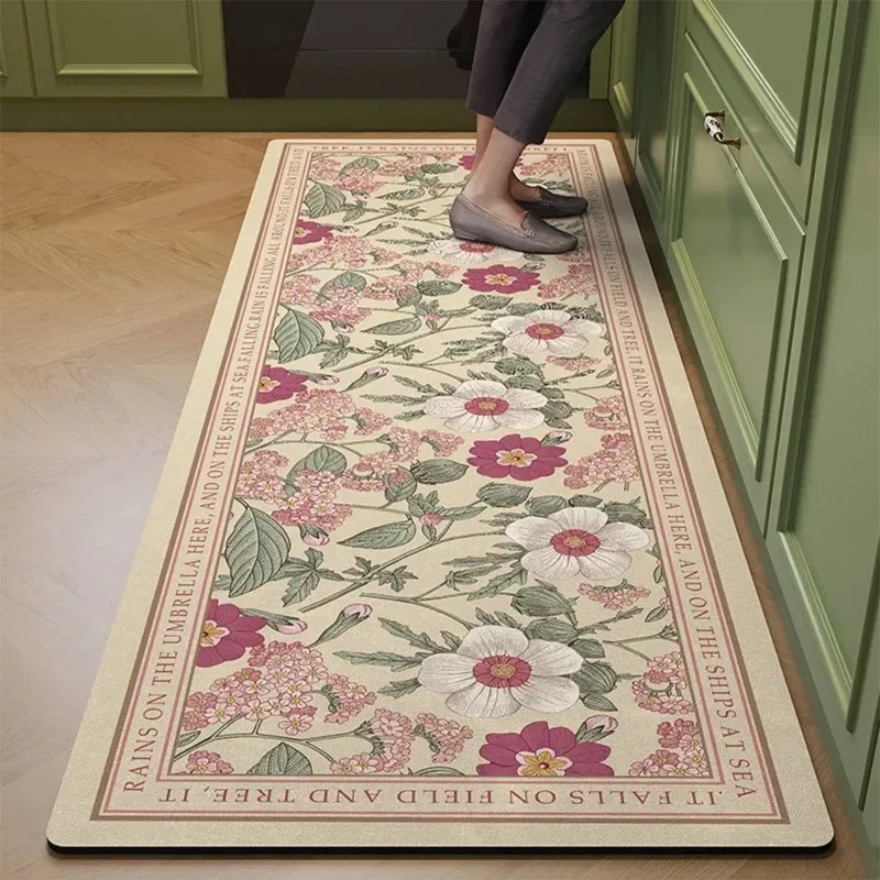 

Kitchen Area Carpet PVC Waterproof Oil-proof Floor Mat Retro Floral Leather Non-slip Long Strip Rug No-wash Wipeable Mats 주방 깔개