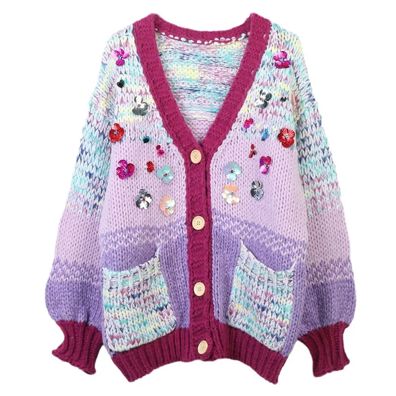 Sequins Flowers Loose Hand Knitted Women Cardigan 2023 Autumn/Winter New in V-neck Colour Stripe Jumper Top with Pocket