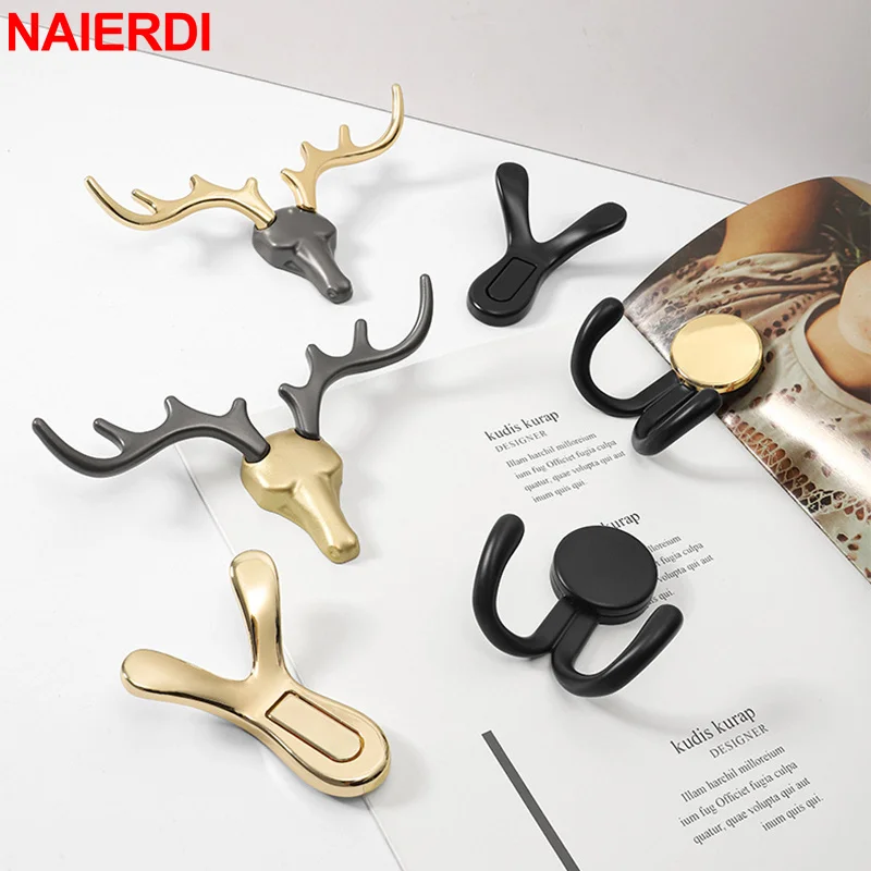 NAIERDI Zinc Alloy Wall Hanging Hook Deer Hanger Rack for Hanging Clothes Hat Coat Key Wall Hooks for Porch Bathroom Hardware