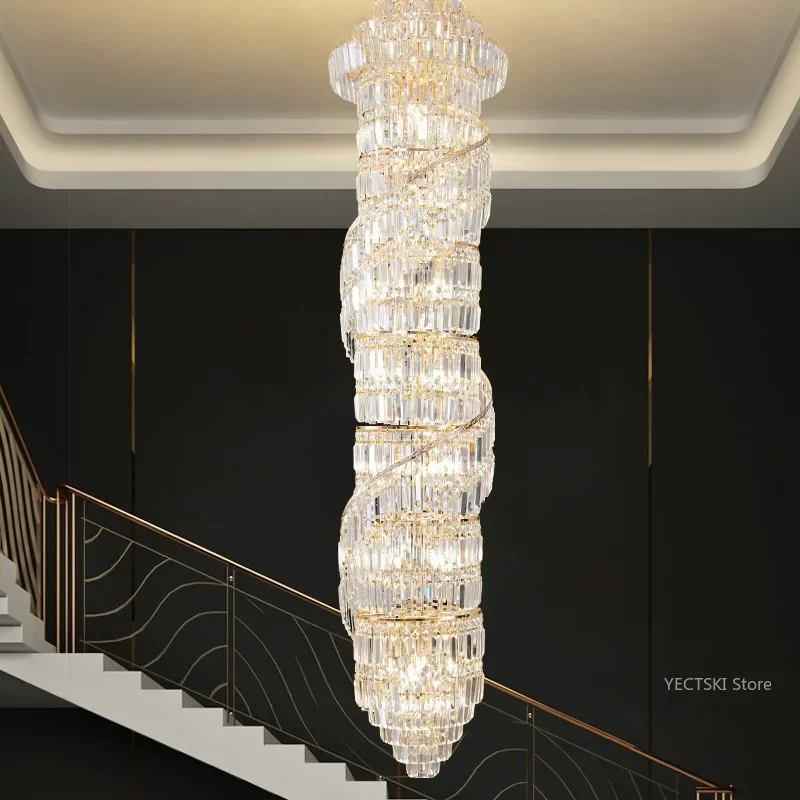 GHJUYIOL Duplex building spiral staircase crystal chandelier modern living room villa hotel luxurious and atmospheric large chan