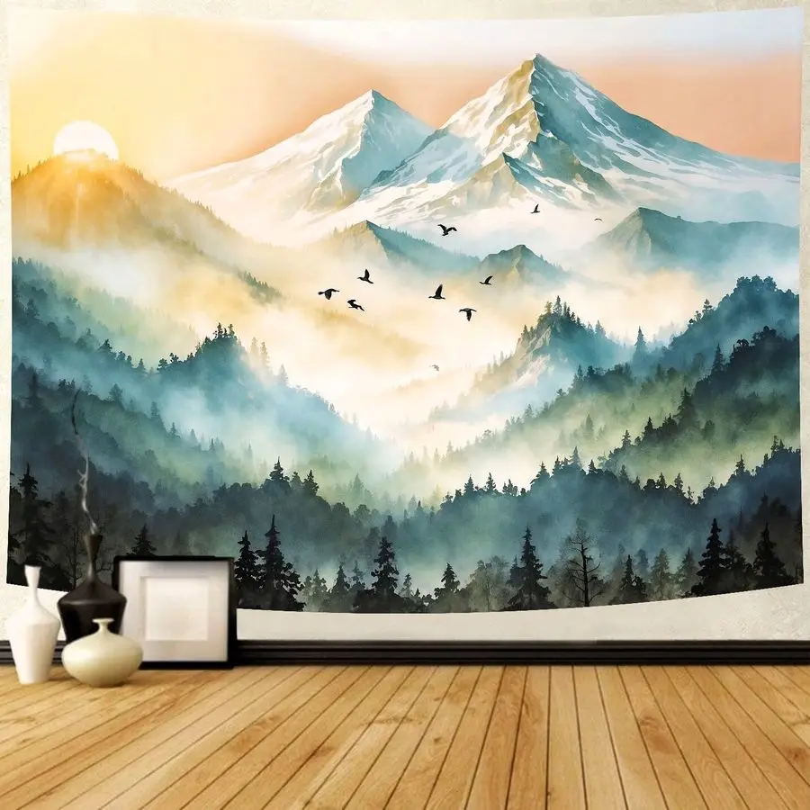 

Mountain Tapestry Boho Misty Sunset Forest Tree Tapestry Wall Hanging Sunrise Nature Landscape Psychedelic Headboard for Bedroom