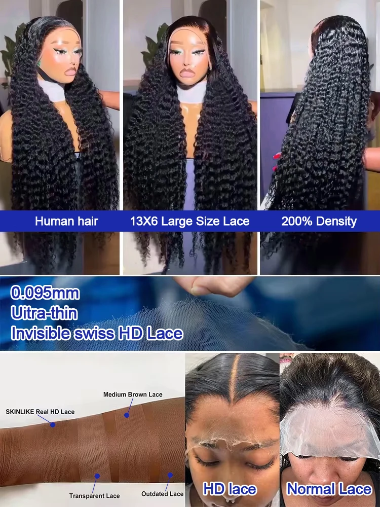 40 42 Inch Jerry Afro Curly Wig Lace Closure Wigs Voluminous Water Wave HD Transparent Lace Front Human Hair Wigs Wet and Wavy Glueless Wigs Remy 300% High Density Original Vietnamese Raw Virgin Loose image 2