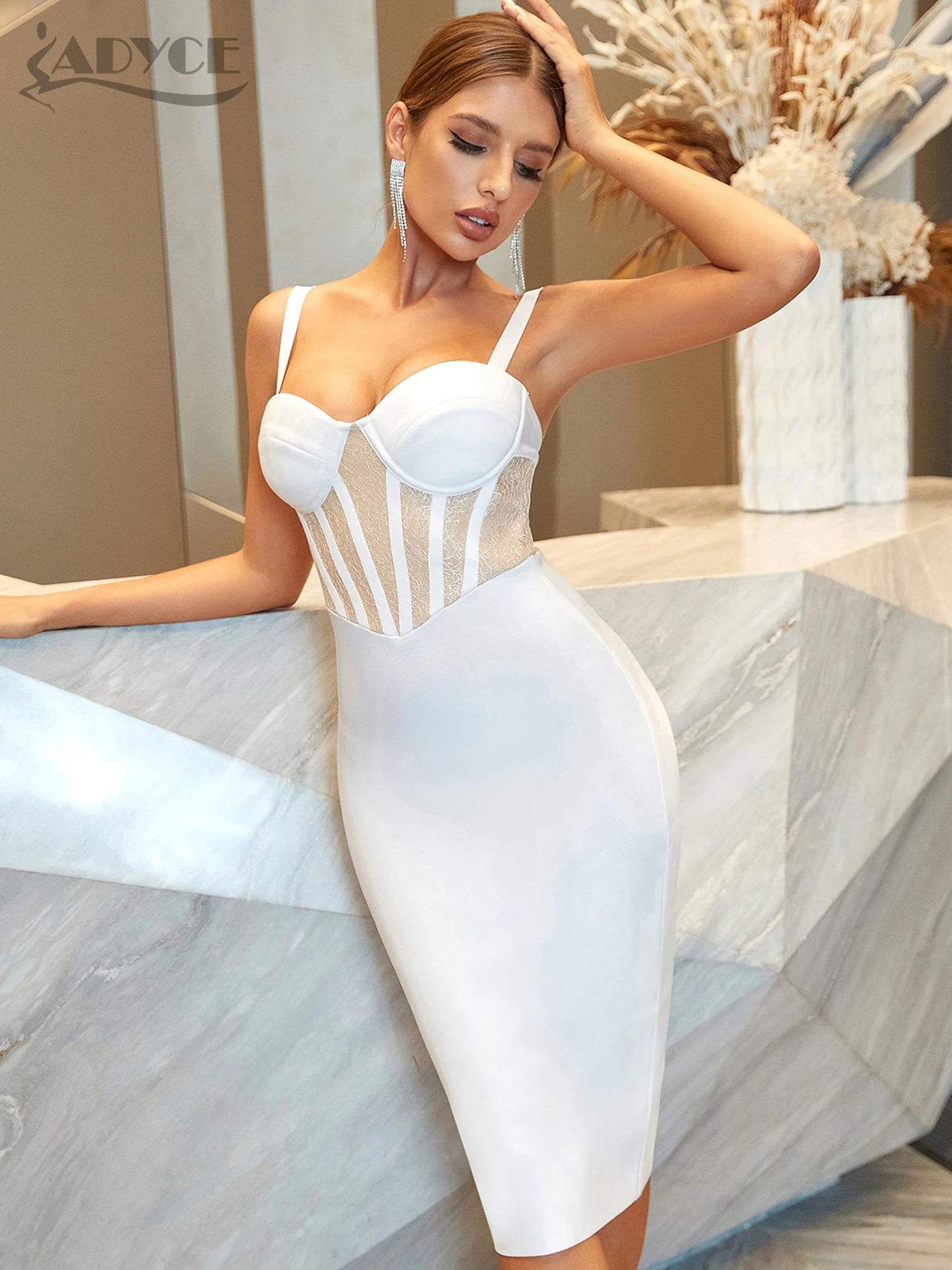 

Adyce Women's White Lace Summer Bandage Dress 2024 New Sexy Spaghetti Strap Sleeveless Celebrity Evening Club Party Lady Dresses