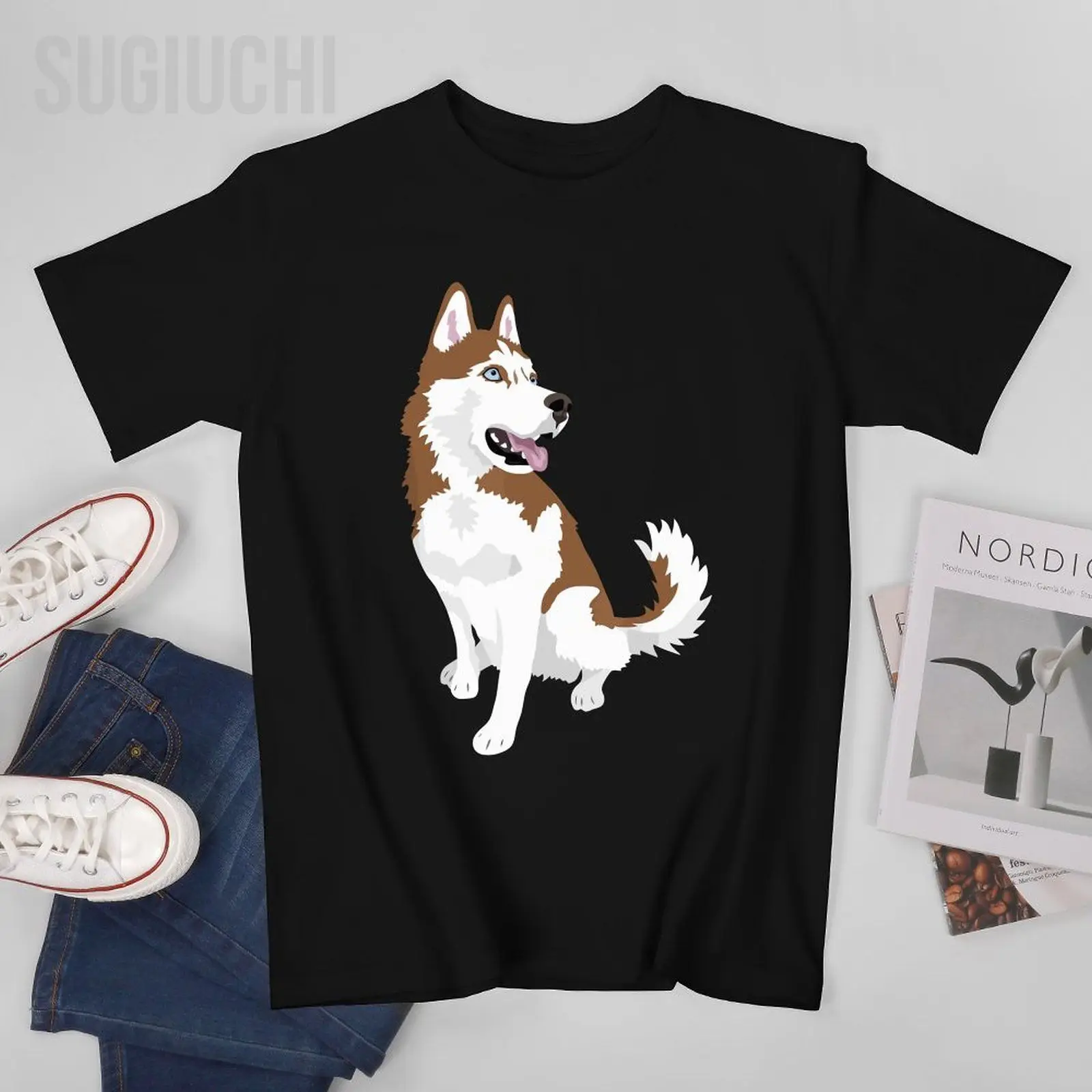 Unisex Men Cute Red And White Siberian Husky Dog Tshirt Tees T Shirts Women Boys 100% Cotton T-Shirt