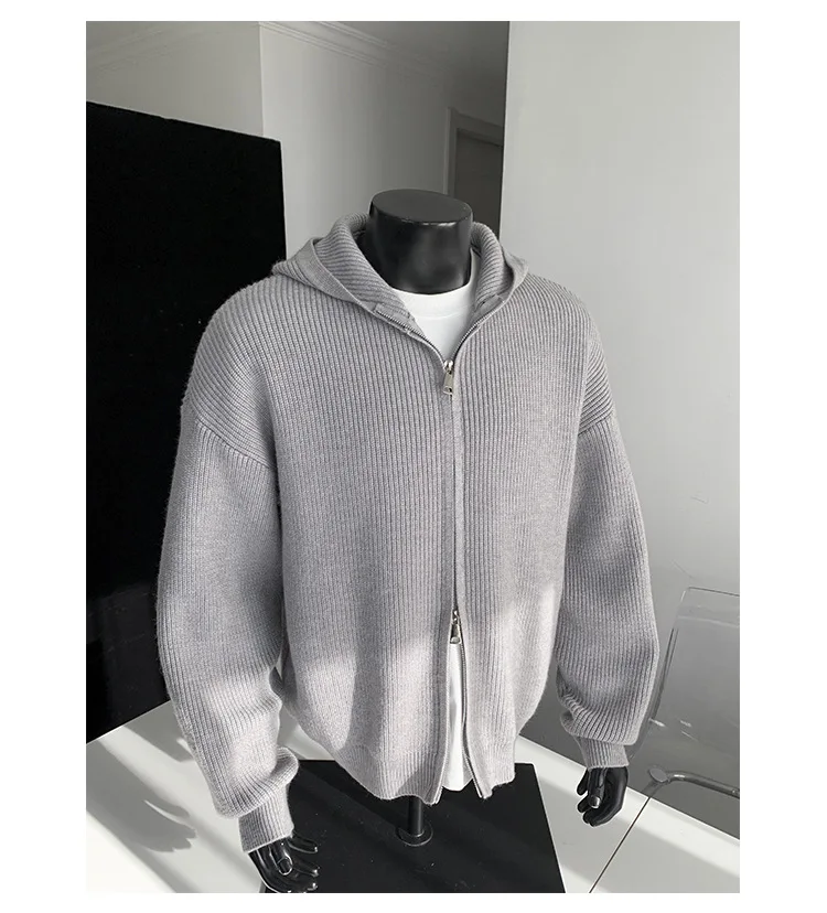 2026 New Autumn Winter Simple Solid Color Knitted Hoodie Men Japan Korean Fashion Casual Loose Double Zipper Hooded Jacket