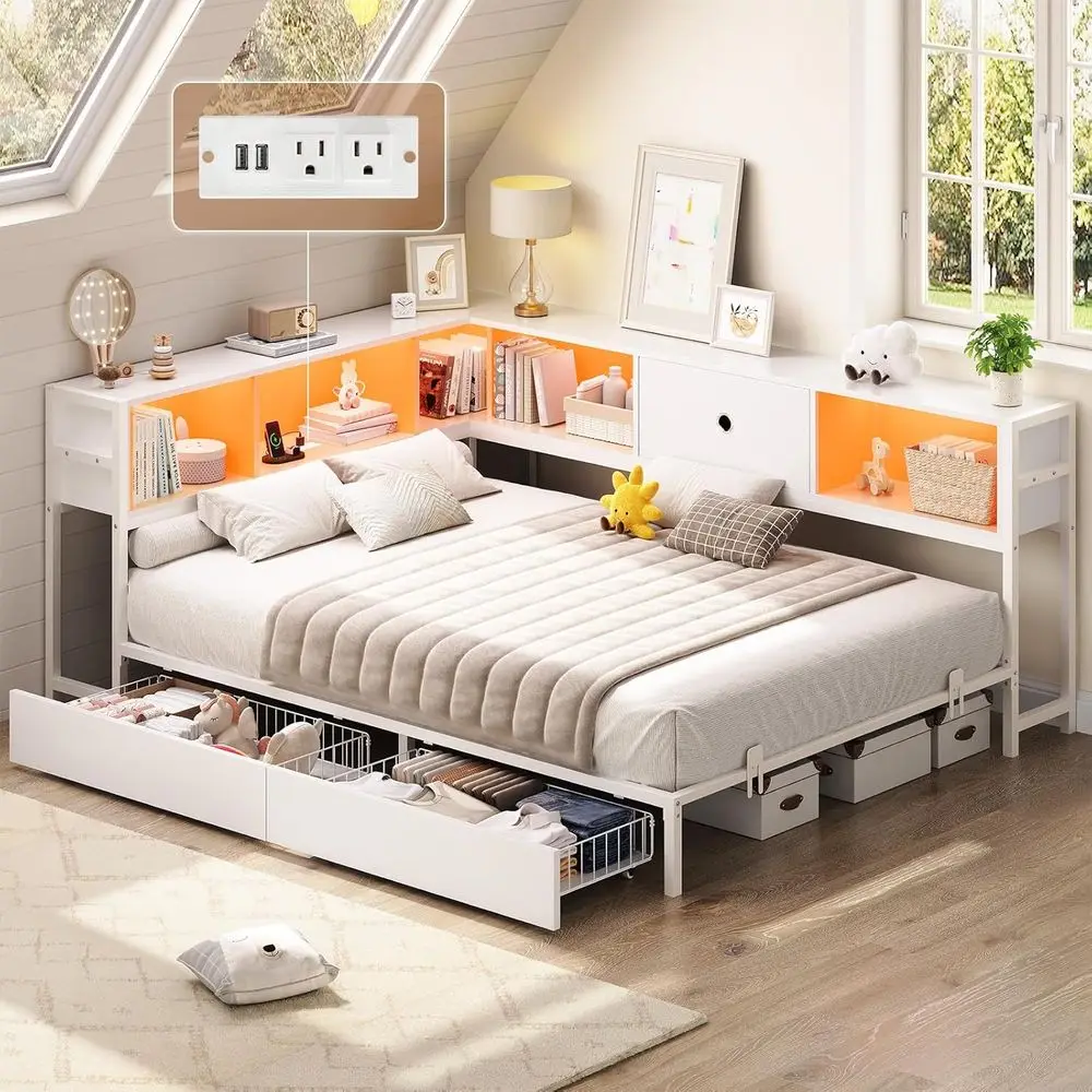 

Полноразмерная металлическая кровать-платформа с ящиками для хранения, книжным шкафом, зарядной станцией и светодиодной подсветкой, подходит для детей и подростков, белого цвета.