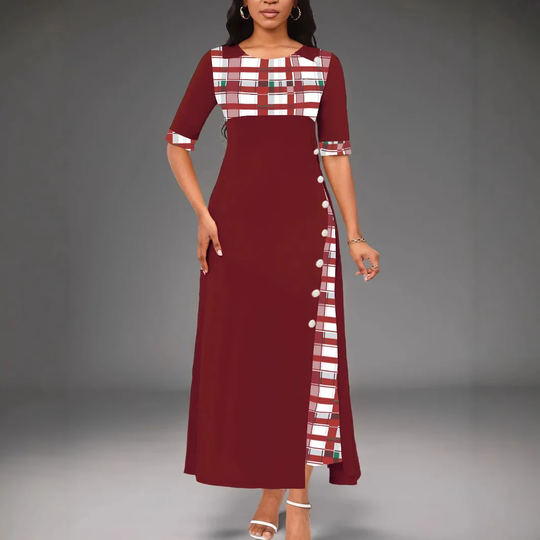 

Summer hit casual asymmetrical red gingham printed round neck mid-sleeve A-line dress for women, plus size long dress