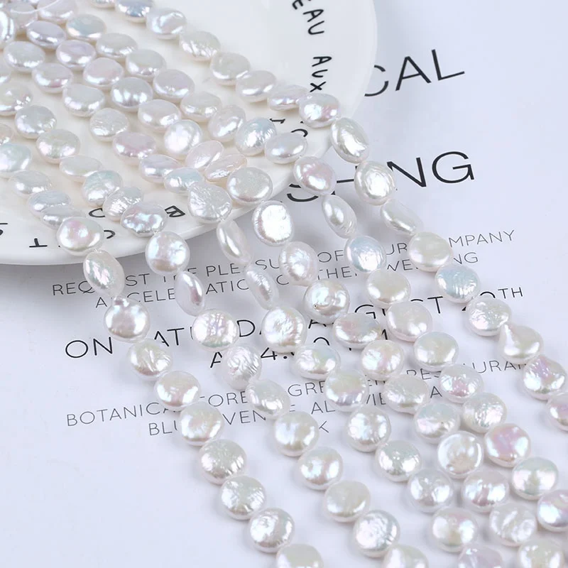 

10-11mm Coin Shape Natural White Beads String Freshwater Pearls Strands