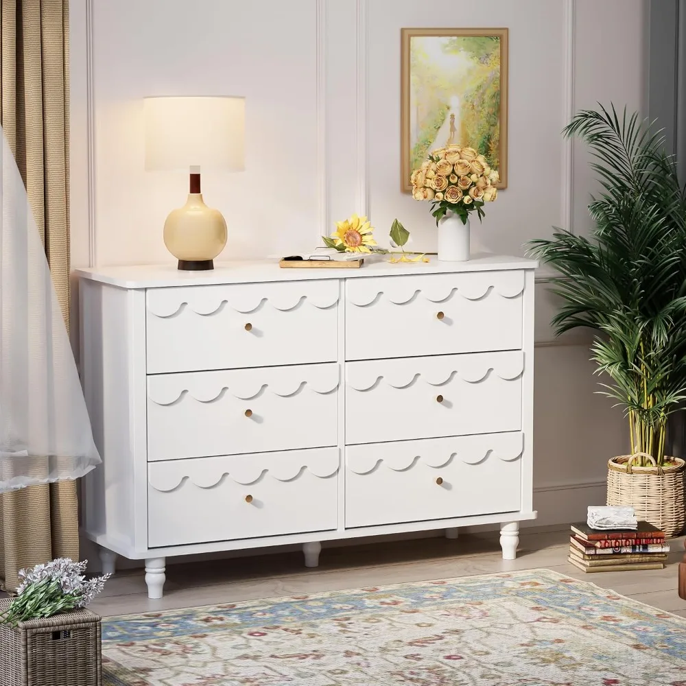 خزانة ملابس بيضاء مكونة من 6 أدراج لغرفة نوم الفتيات، خزانة ذات أدراج واسعة حديثة، منظم تخزين صدفي مع أدراج، مخدد P