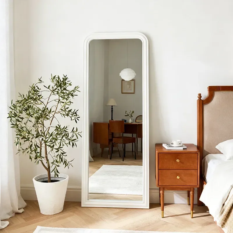 Cream Wind Arched Double Layer Wooden Frame Floor to Ceiling Mirror Milk White Rounded Corner Full Body Mirror for Bedroom