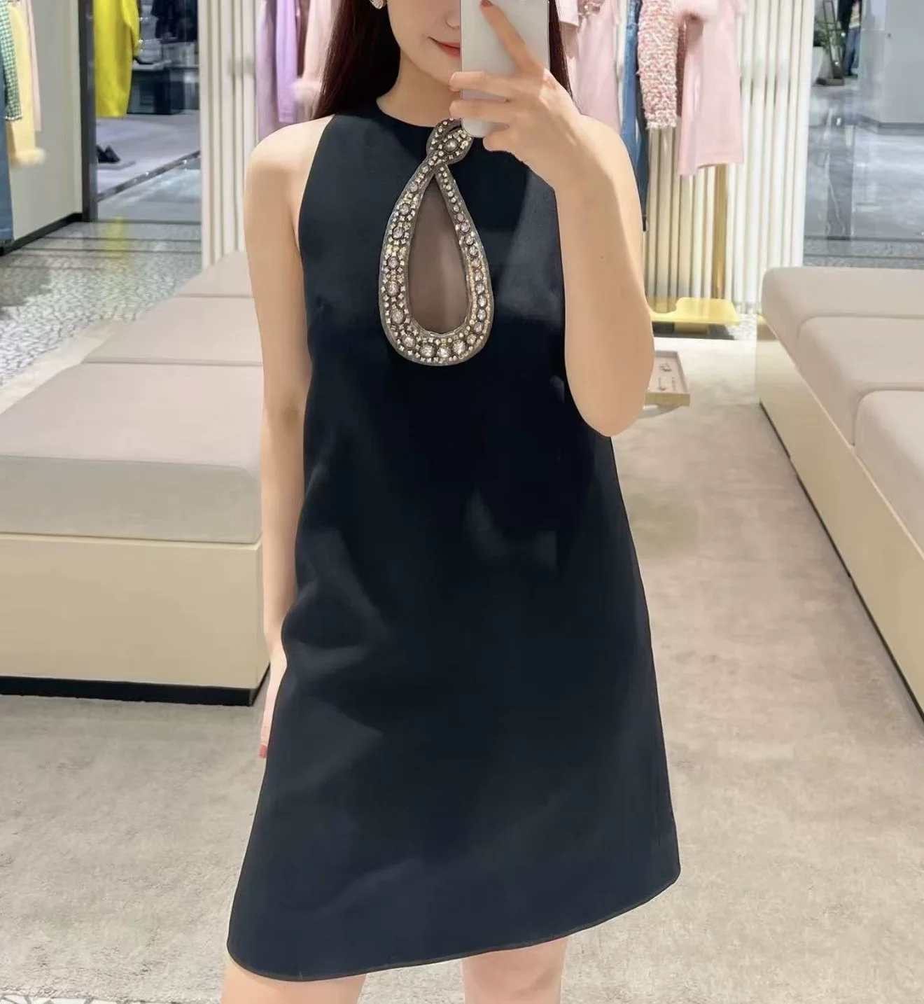 Luxury Silk Wool A Line Dress Women Round Neck Rhinestone Beaded Cutout Mini Dress Black For Cocktail Party
