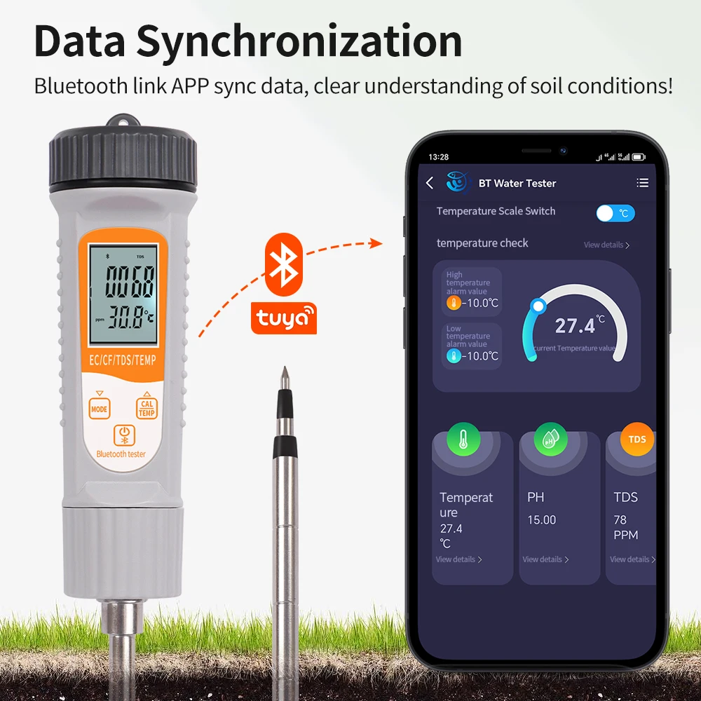 Smart Bluetooth Soil Water Quality Monitor Digital 4 In 1 EC TDS CF Temp Meter Farm Garden Soil Test Detector for Plant