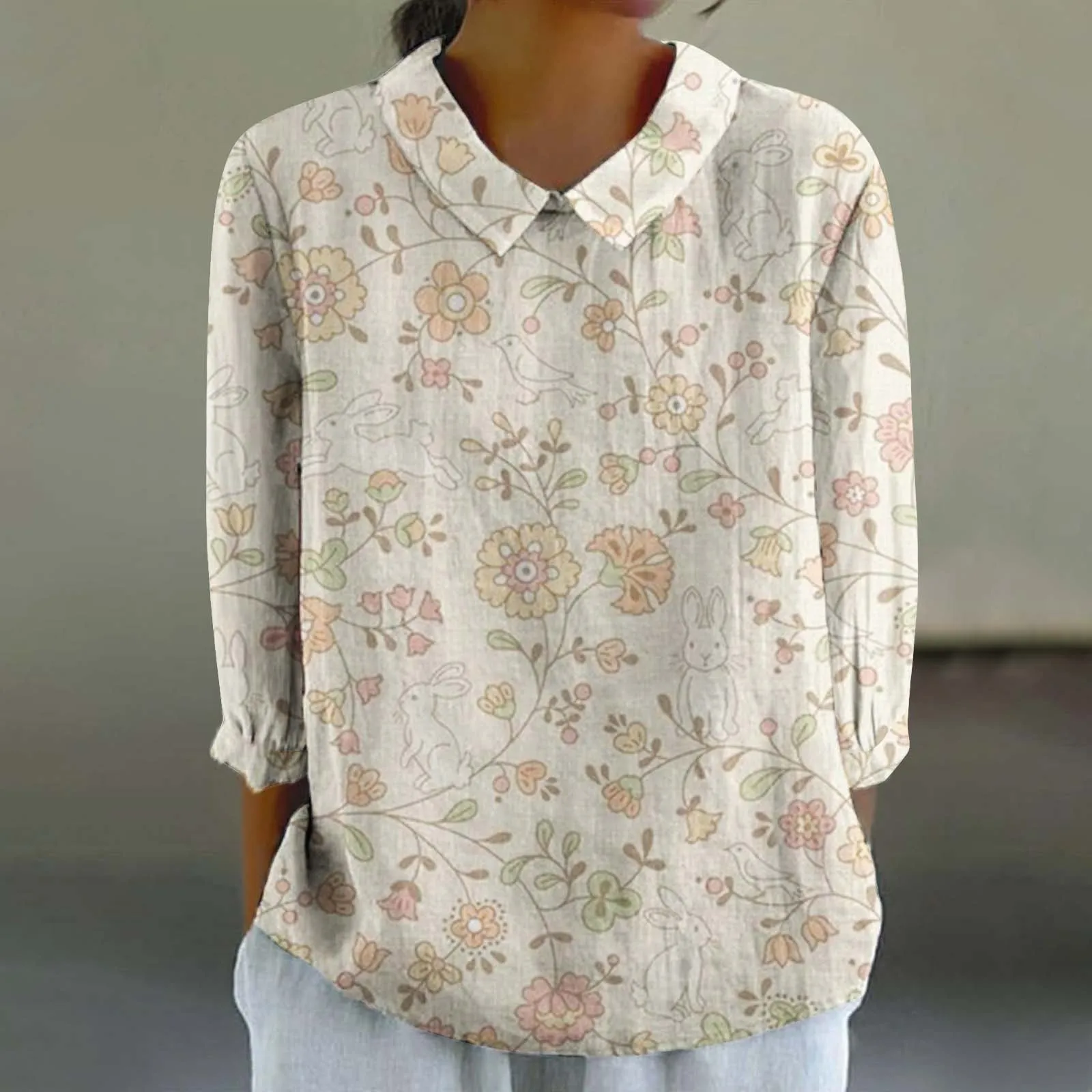 T-shirt en lin à col rond pour femme, chemise décontractée, chemise à revers, bouton, art floral