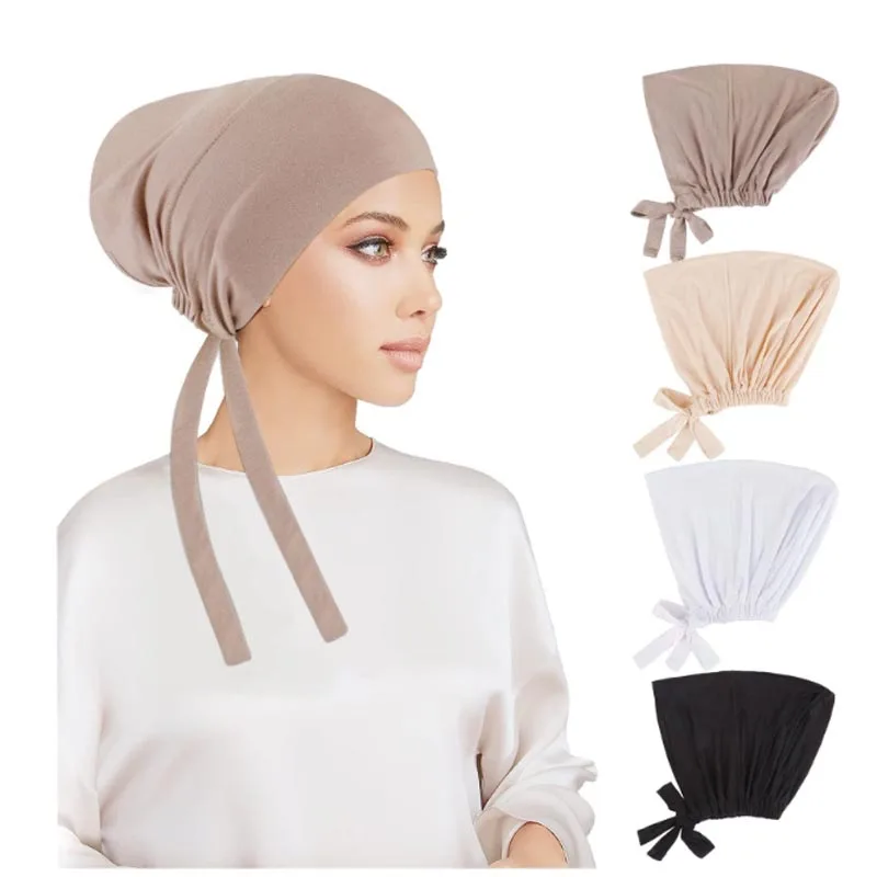 4PCS/set Muslim Women Inner Hijab Caps Stretch Adjustable Elastic Bonnet Tie Back Jersey Female Headwrap Turbante Mujer